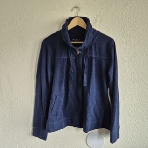 Eddie Bauer Navy Blue Full Zip Mock Neck Cowl Neck Sweater Womens Size XL